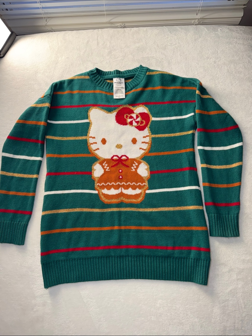 Hello Kitty Teal Striped Sweater with White, Orange and Red